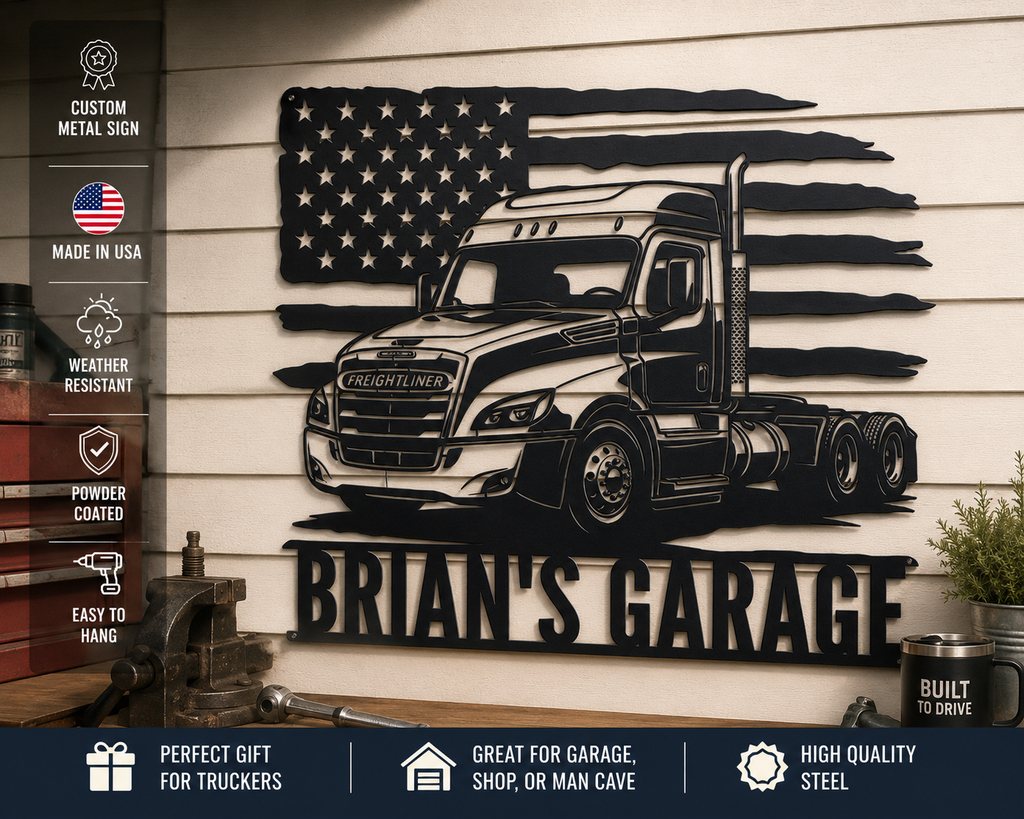 Black metal garage sign featuring a detailed semi-truck illustration, a distressed American flag, and the text 'BRIAN'S GARAGE'. The sign is mounted on a white wood-paneled wall, with a vertical banner on the left highlighting product features like powder coating, weather resistance, and being made in the USA.